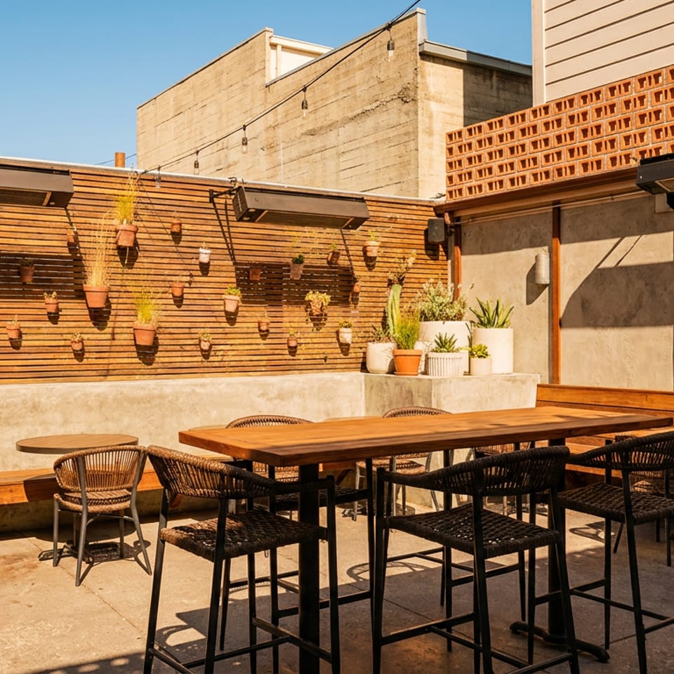 Sunlit restaurant patio with wooden tables, woven chairs, bench seating, potted plants, and a decorative brick wall.