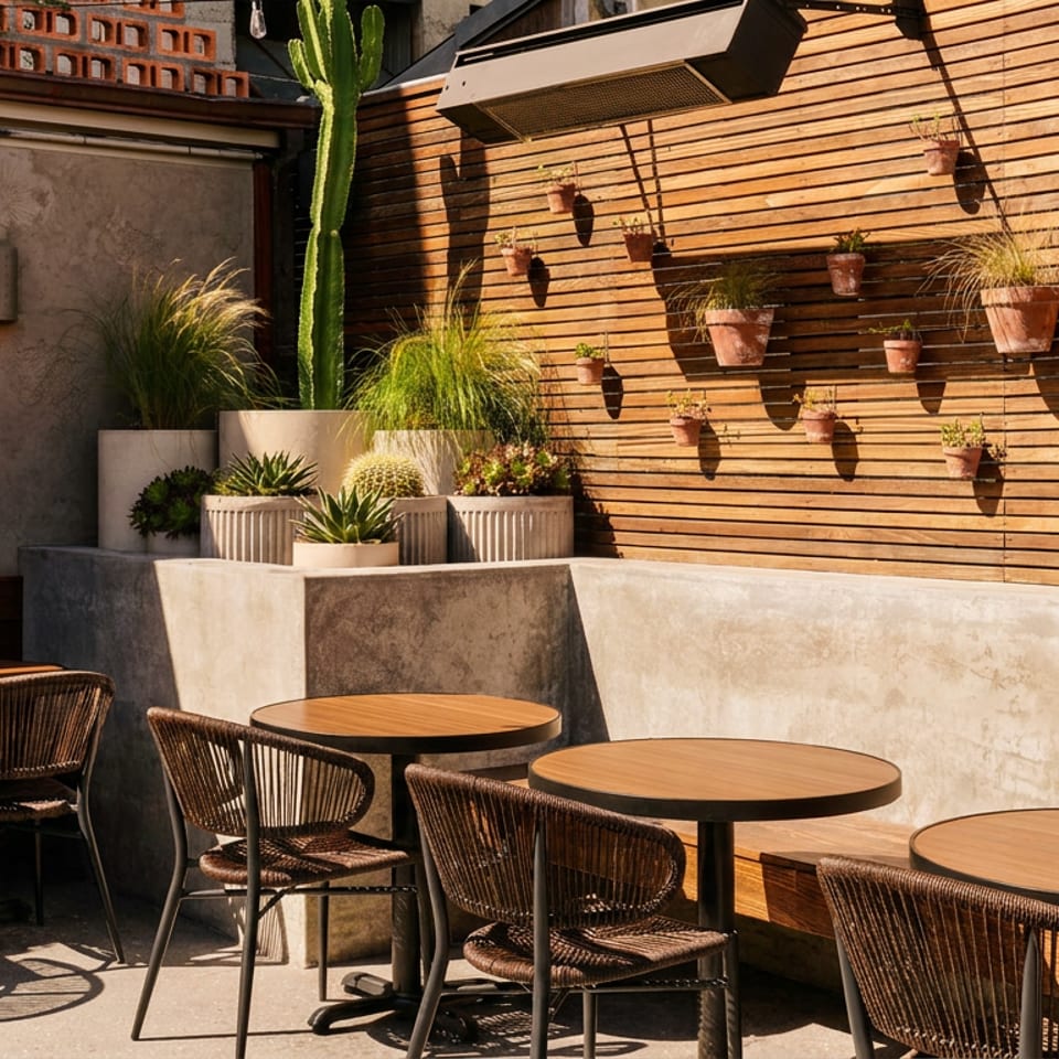 Sunlit restaurant patio with round wooden tables, woven chairs, potted succulents, grasses, and a cactus against a wood-paneled wall.