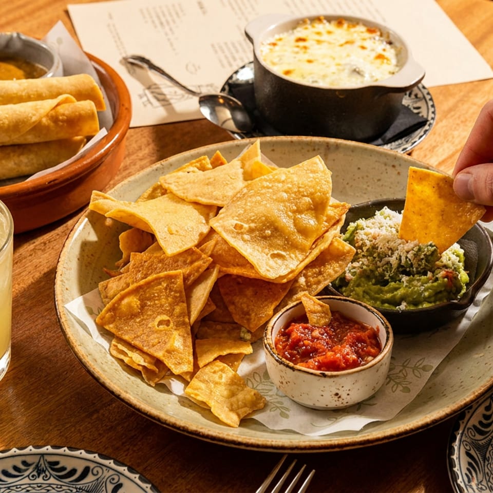 Mexican appetizers include tortilla chips with guacamole and salsa, rolled tacos, queso dip, and a lemon drink on a wooden table.