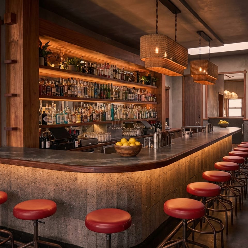 Warm, wood-paneled restaurant bar with red stools, backlit liquor shelves, pendant lights, and a bowl of lemons.